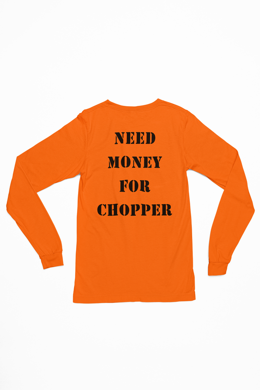 Goodfriends Shovelhead Engine Long Sleeve Tee — "Need Money For Chopper" Back Graphic