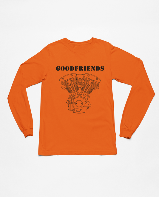 Goodfriends Shovelhead Engine Long Sleeve Tee — "Need Money For Chopper" Back Graphic