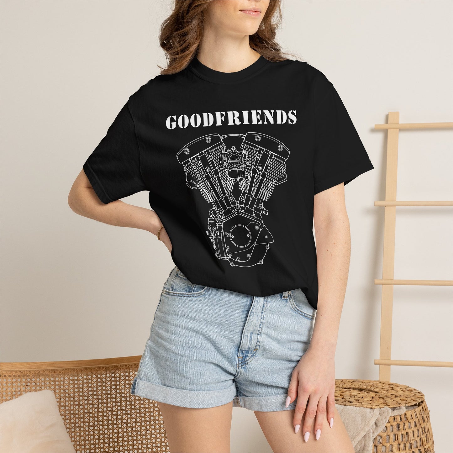 Goodfriends Shovelhead Engine Short Sleeve Tee — "Need Money For Chopper" Back Graphic